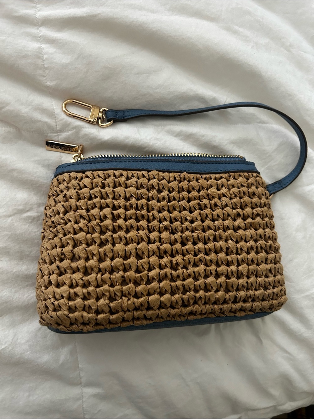 Anne Klein Tan Woven Wristlet with Blue Trim Gold Hardware NWOT